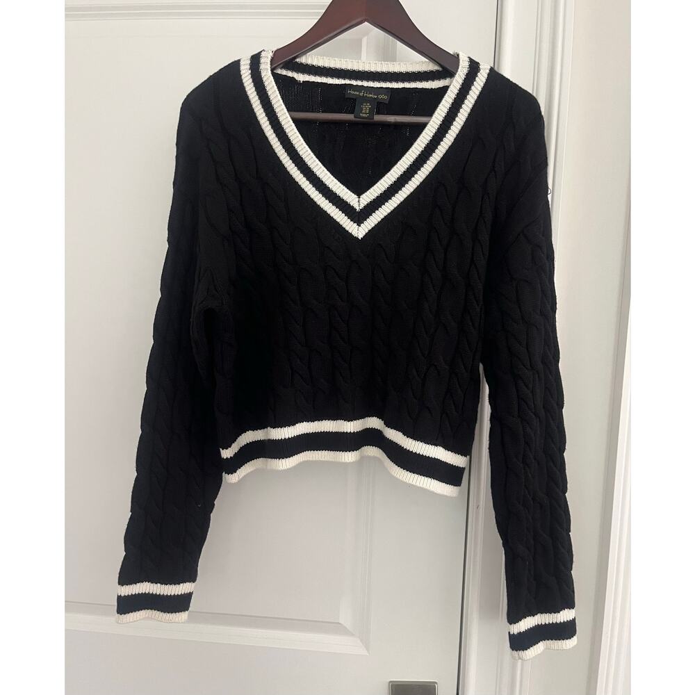 House of Harlow 1960 v-neck crop cable sweater black white Sz. M preppy